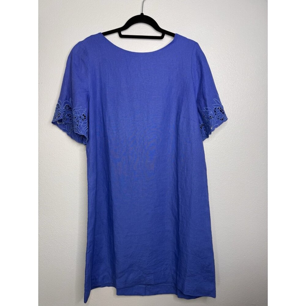 NWT Chicos Royal Blue 100% Linen Midi Dress Short Eyelet Sleeves Size 3